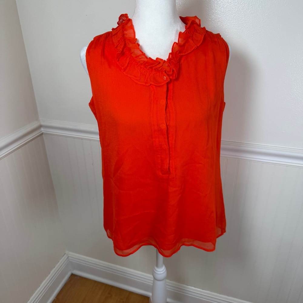 J.Crew Sleeveless Blouse Women‎ 2 Orange Silk Ruffle Collar Crinkle Chiffon Top